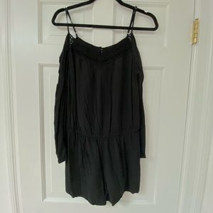 Black Long Sleeve Romper with Embroidered Top